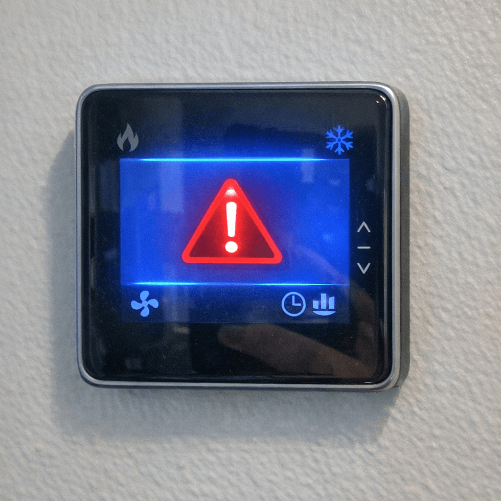 Display einer Heizungsregelung mit Warnsymbol, im Hintergrund ein Hausflur mit Heizkörper