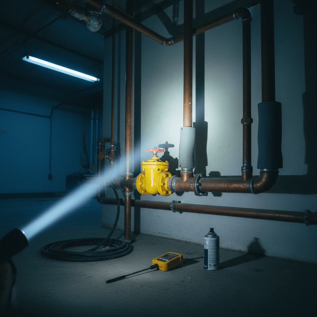 Messsonde an einem Abgasrohr, daneben ein tragbares Analysegerät mit Anzeige