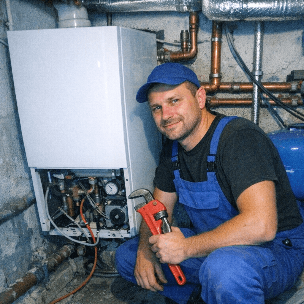 SHK-Monteur kniet vor einer geöffneten Gastherme, daneben ein Werkzeugkoffer und ein digitales Messgerät