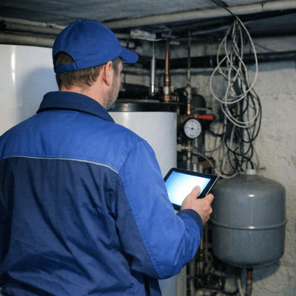Techniker steht vor einem geöffneten Heizungskessel und notiert Messwerte auf einem Tablet