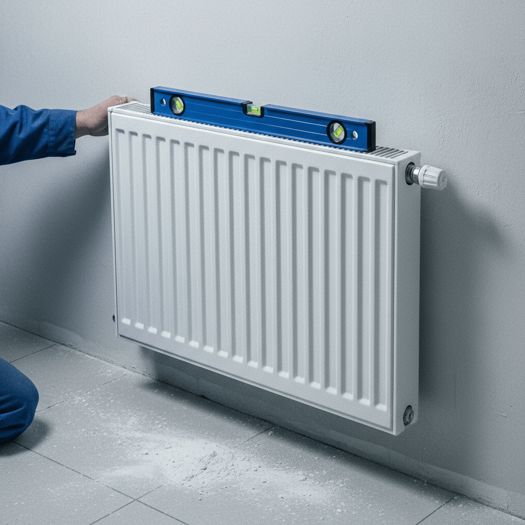 Installateur montiert ein Thermostatventil an einem weißen Plattenheizkörper, im Hintergrund eine Wasserwaage