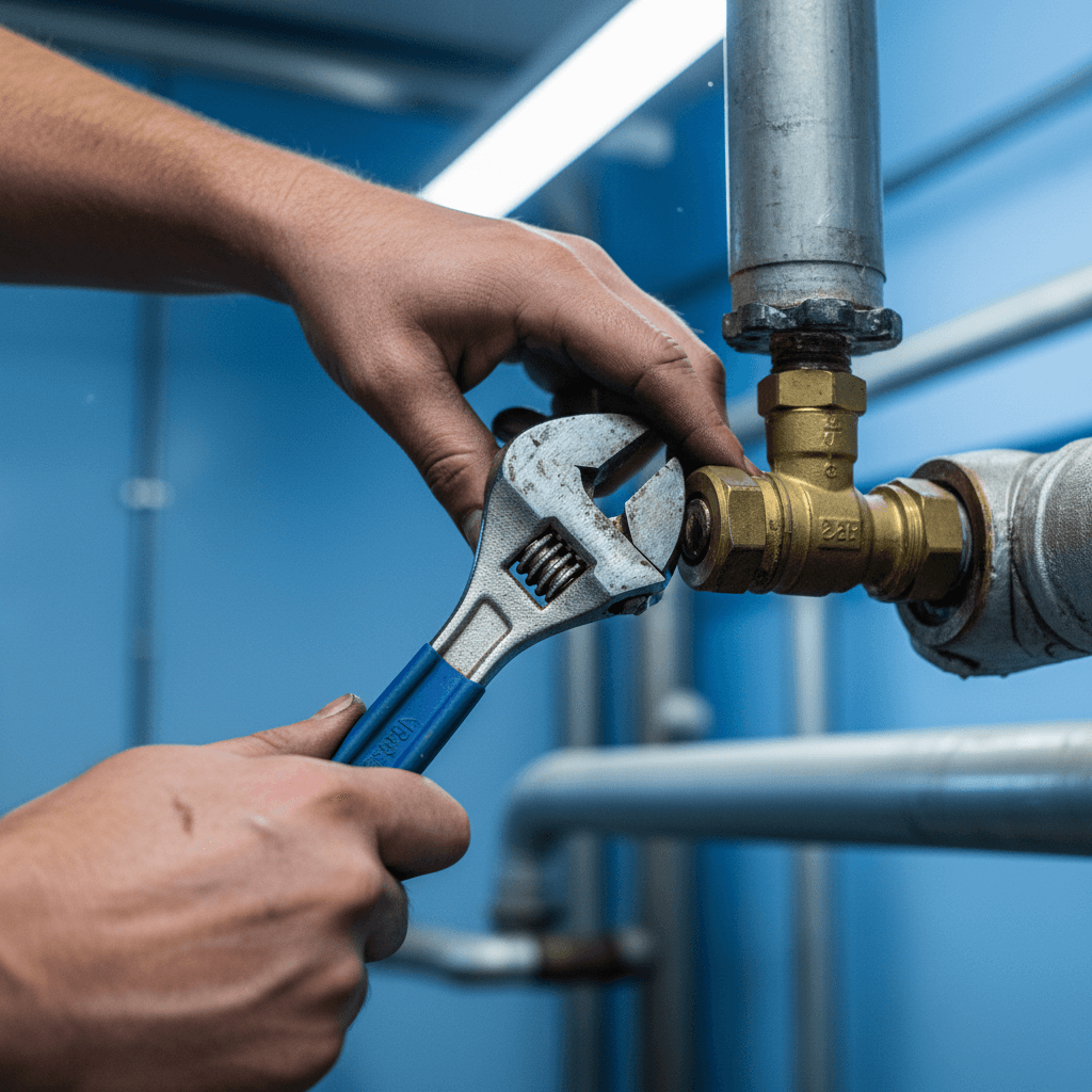 Nahaufnahme von Händen, die mit einem Schraubenschlüssel eine Verschraubung am Heizungsverteiler nachziehen