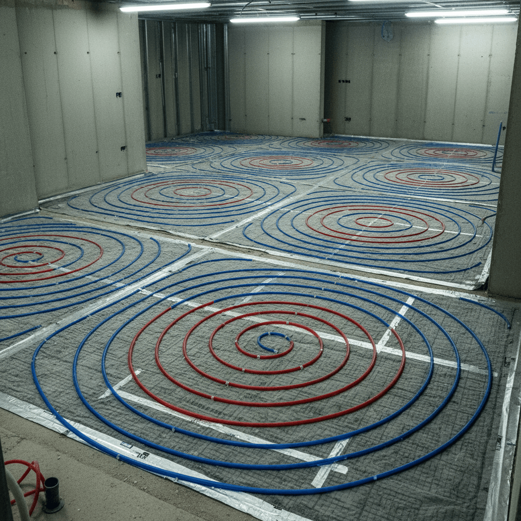 Geöffneter Fußbodenheizungsverteiler mit Durchflussanzeigen und angeschlossenen Heizkreisen in einem Technikschrank